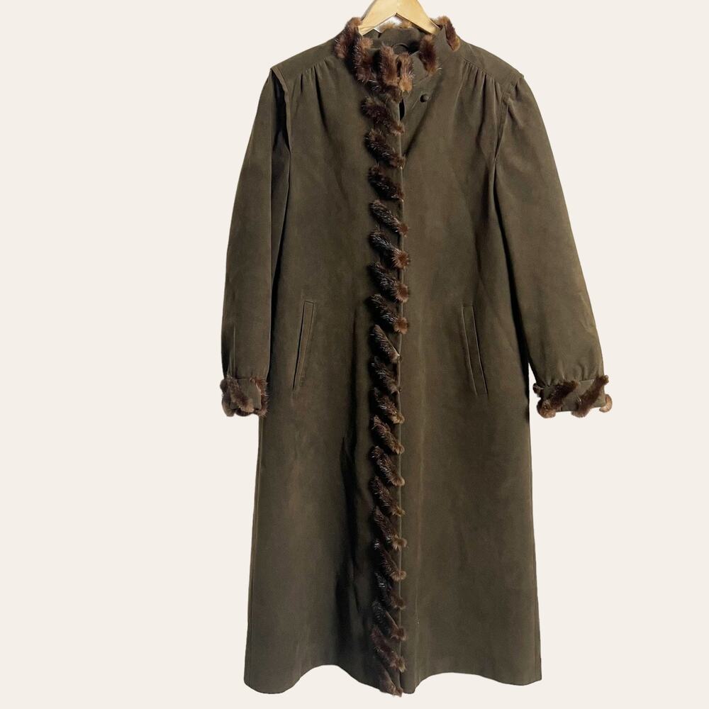 Vintage Oberstoff Brown Faux Suede Faux Fur Trim Long Coat Women's Size 10